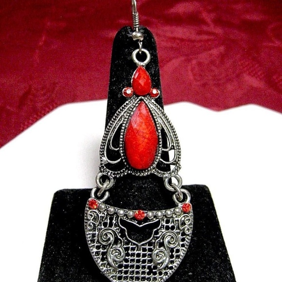 RED COLOR CORAL CRYSTAL STONES CHANDELIER EARRINGS
